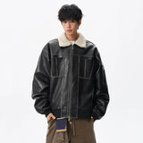 Patchwork Padded Faux Fur Collar Leather Jacket