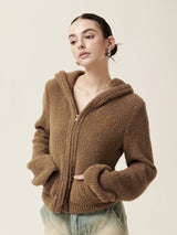 Cozy Vintage Brown Plush Hooded Puffer Sweatshirt