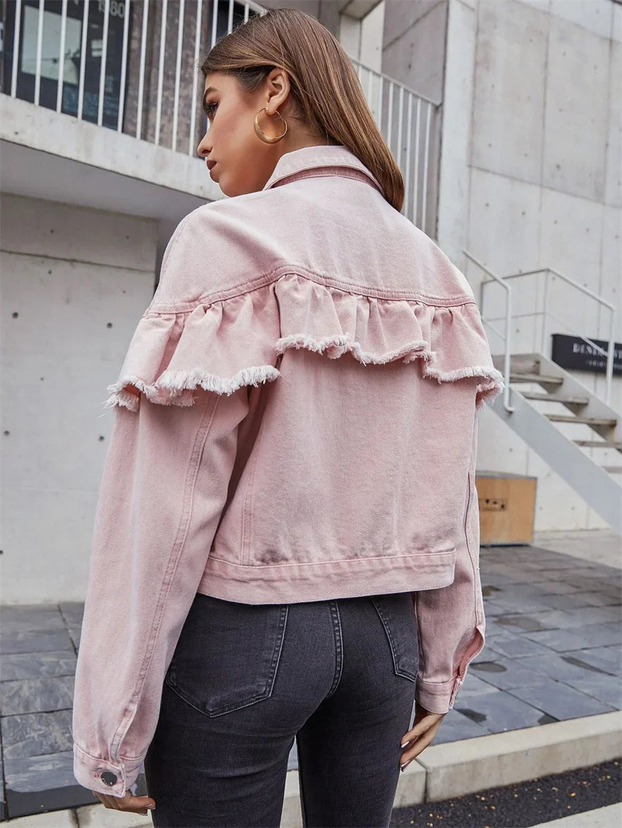 Vintage Raw Trim Ruffle Denim Jacket