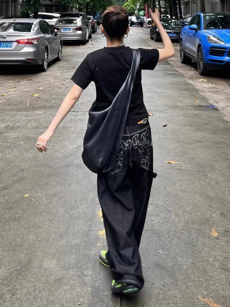 Retro Black Vintage Embroidery Oversized Baggy Jeans