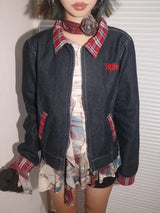 Women Retro Embroidered Plaid Denim Jacket