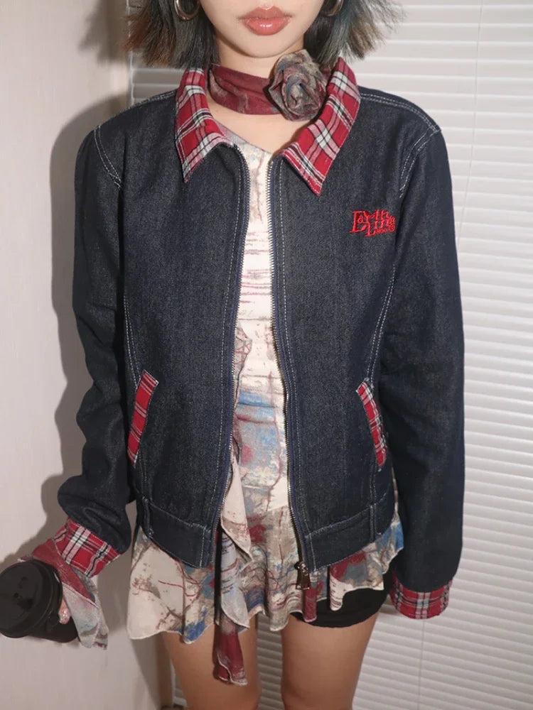 Women Retro Embroidered Plaid Denim Jacket