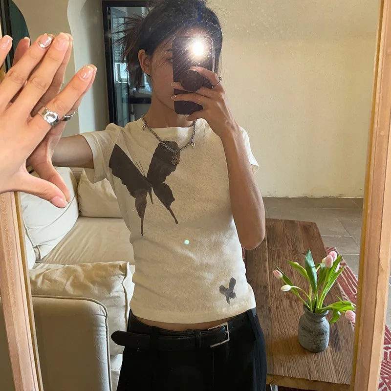 ゴシックグランジ バタフライプリント クロップドTシャツ