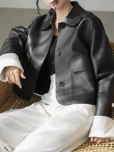 Women Luxury Retro Collar Short Leather Jacket