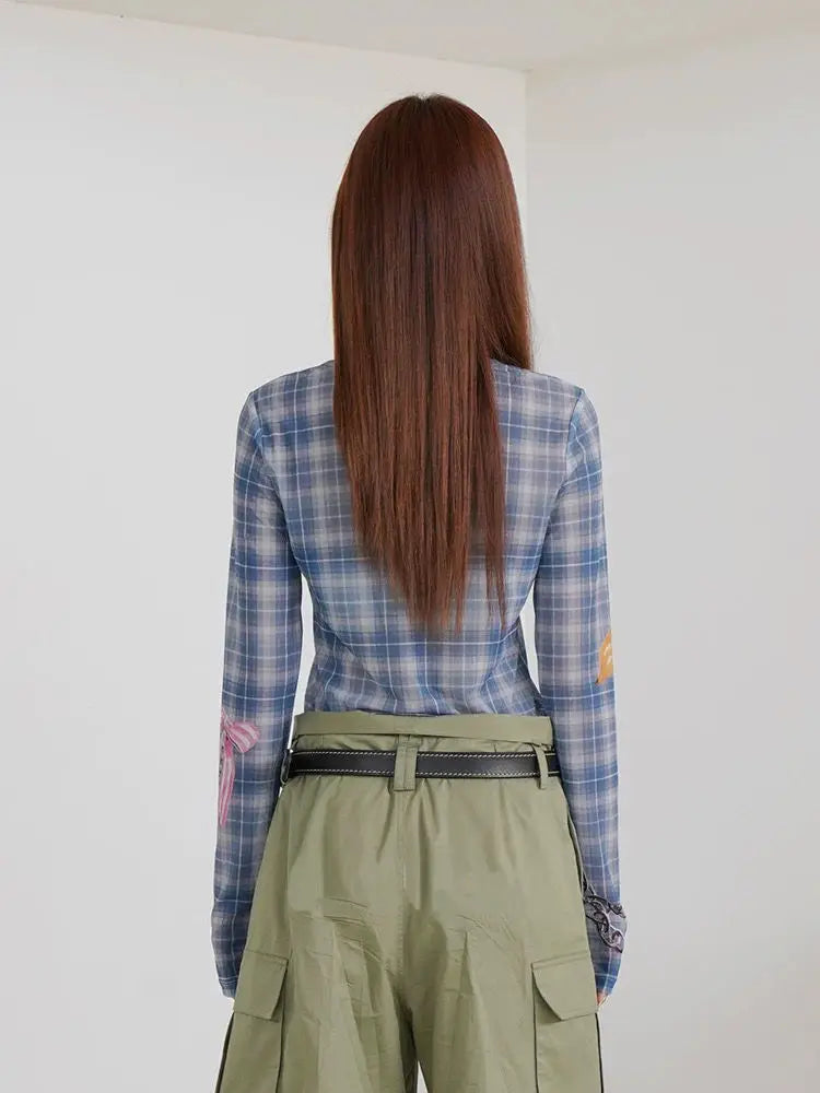 Blue Plaid Graphic Long Sleeve T-Shirt