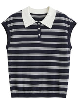 Women Casual Striped Knit Sleeveless Button Collar T-Shirt