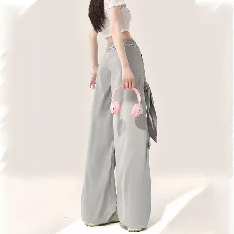 Women Elastic High Waist Gray Cargo Pants