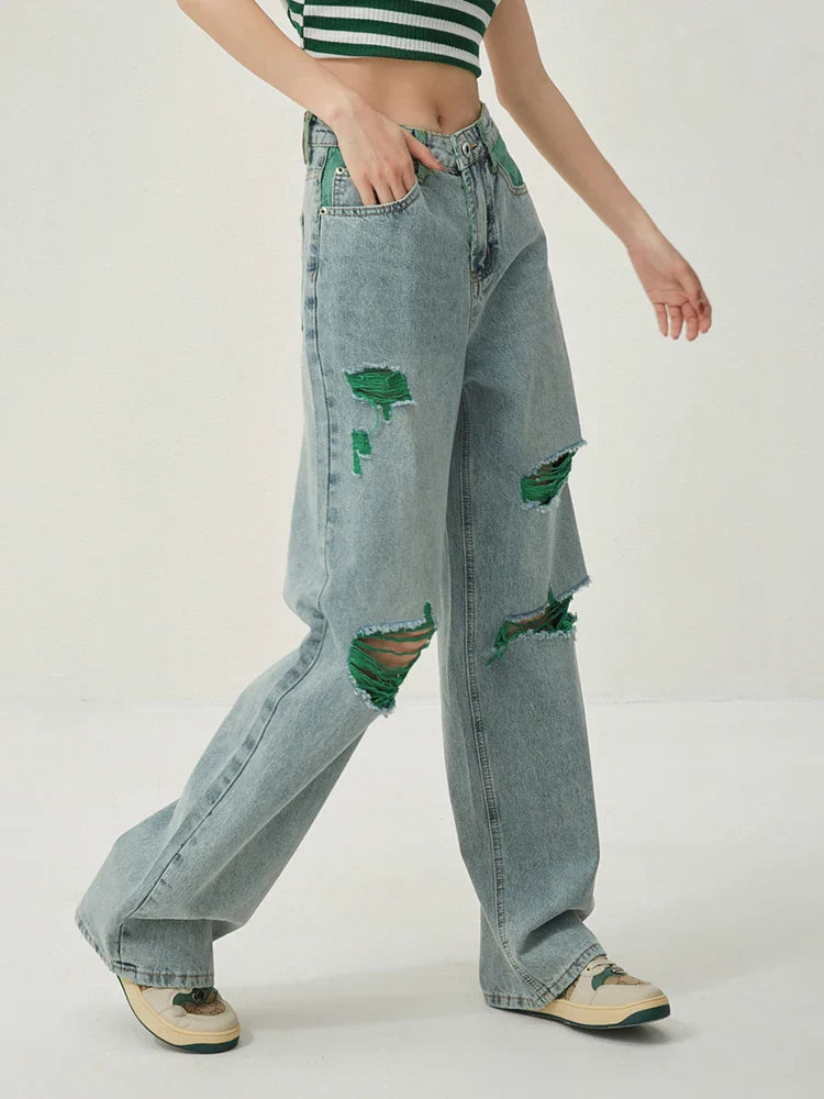 High Waist Wide Leg Distressed Ripped Jeans