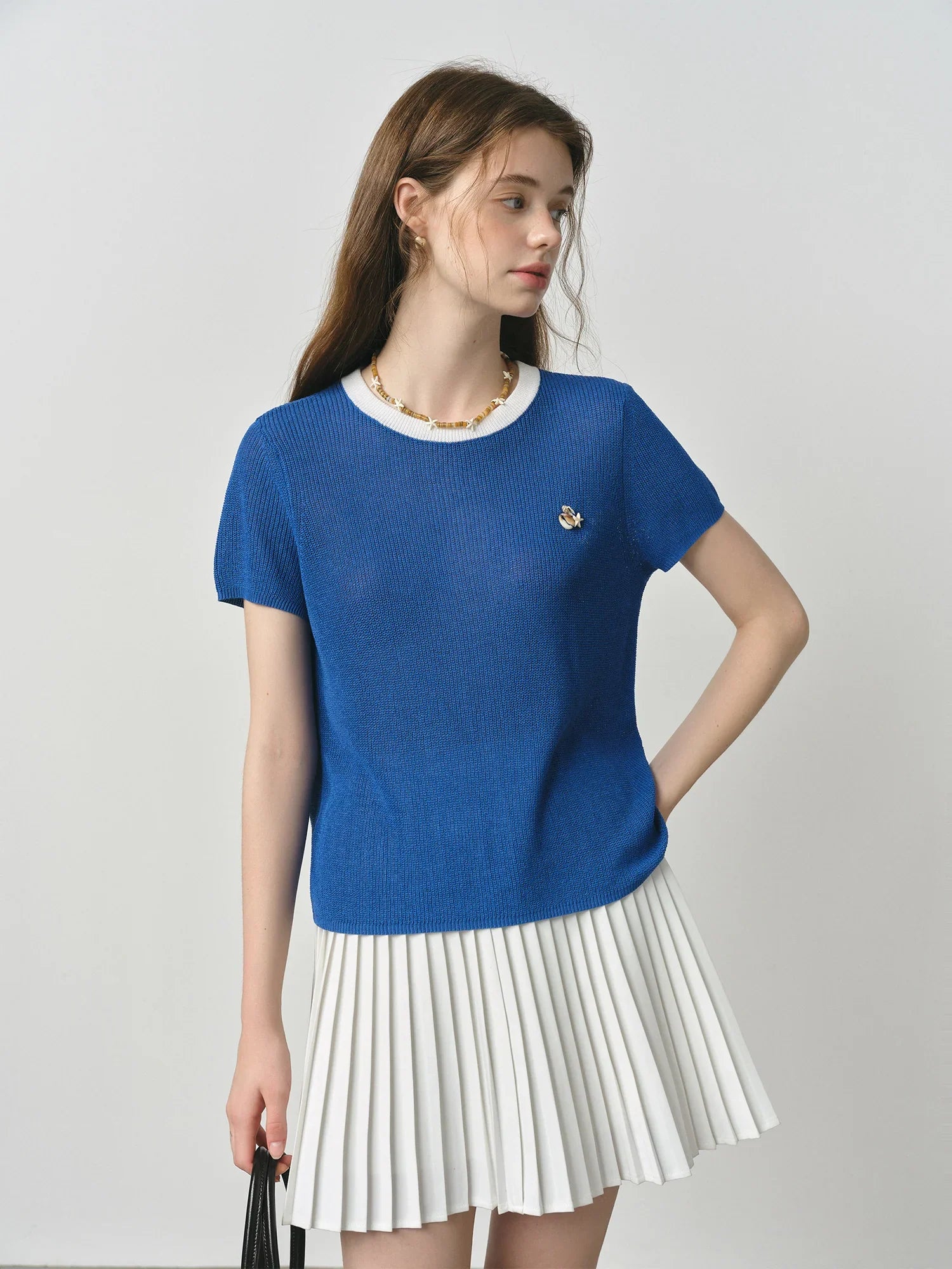 Women Retro Casual Blue Nautical Style Knit T-Shirt