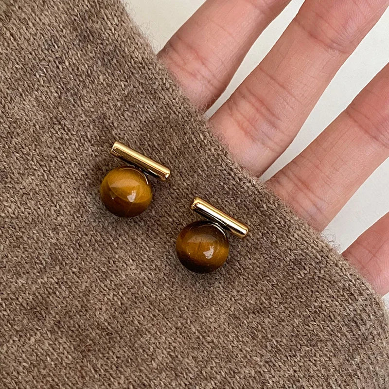 Minimalist Tiger Eye Stone Round Beads Earring