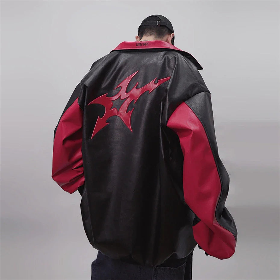 Vintage Print PU Leather Varsity Jacket