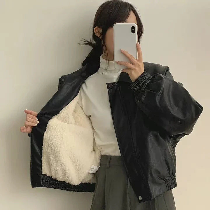 Warm Retro Minimalist Suede Lapel Leather Jacket