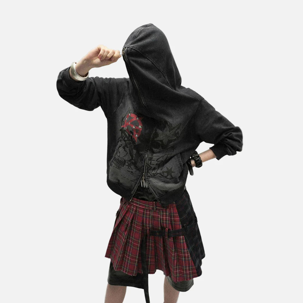 Double Zipper Cotton Hooded Masked Sweatshirt