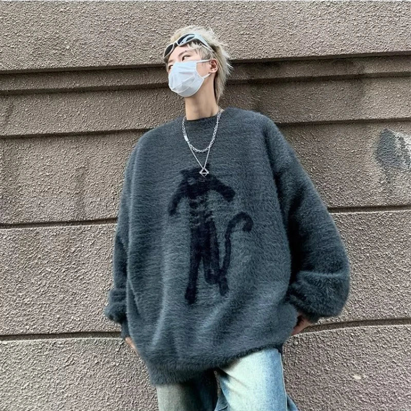 Gemütlicher Strickpullover mit japanischem Cartoon-Katzenmotiv