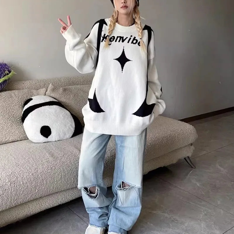 カジュアルコージーレタープリントニットスウェットシャツ
