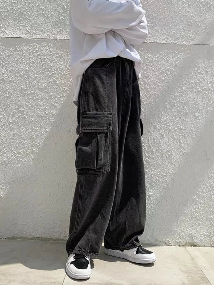 Handsome Retro Wide Leg Denim Cargo Jeans