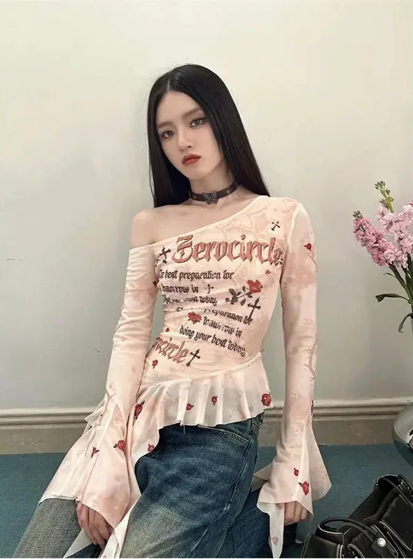 フレアスリーブメッシュオフショルダーTシャツ
