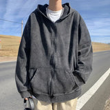 Solid Distressed Washed Zipper Hooded Sweatshirt