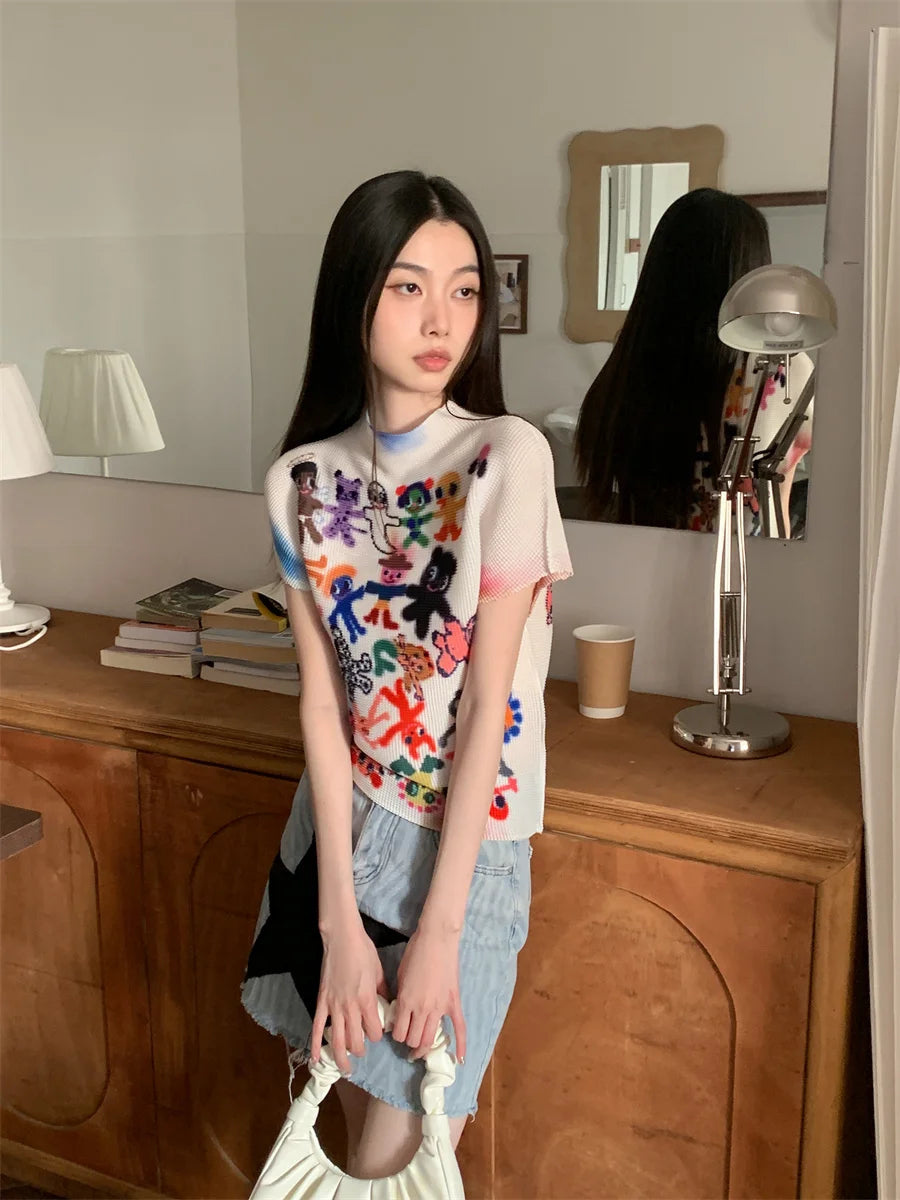 Y2K Graffiti Pleated Crop Top