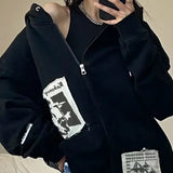 Y2K Grafik-Patchwork-Kapuzenjacke mit Reißverschluss