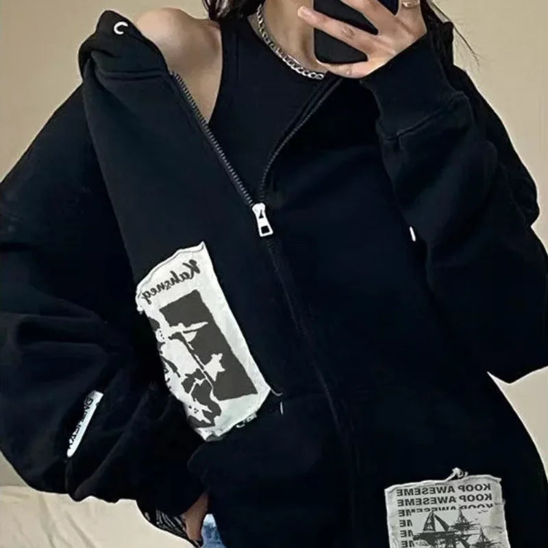Y2K Graphic Patchwork Zip-Up Hoodie