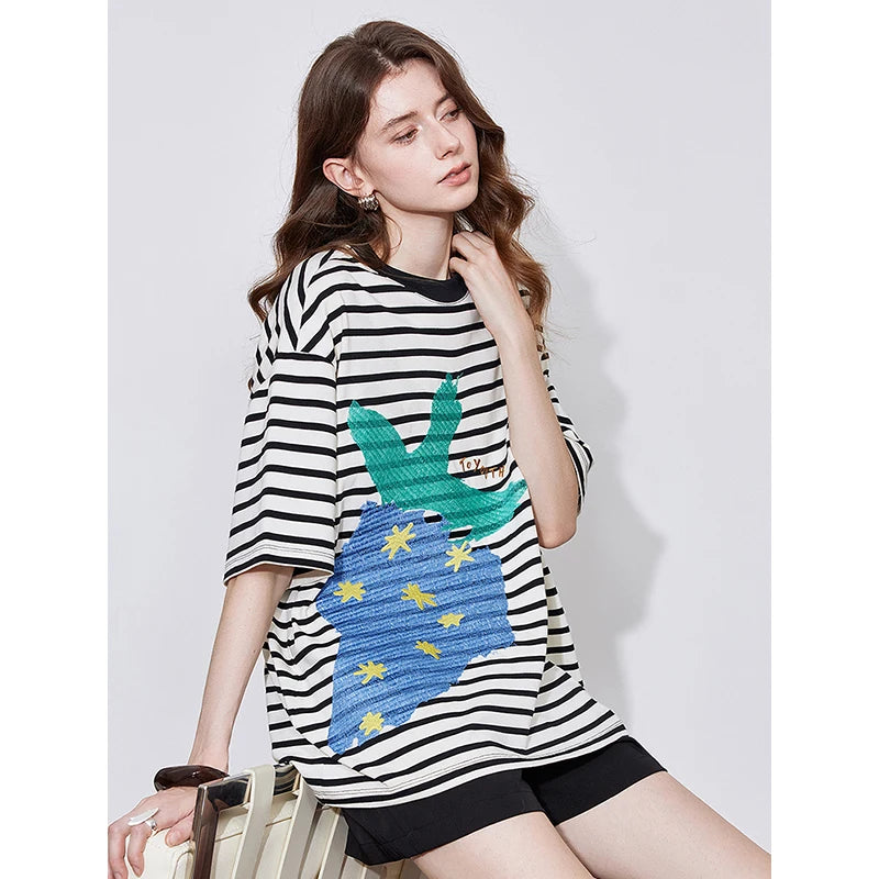 Striped Strawberry Embroidered Women’s T-shirt