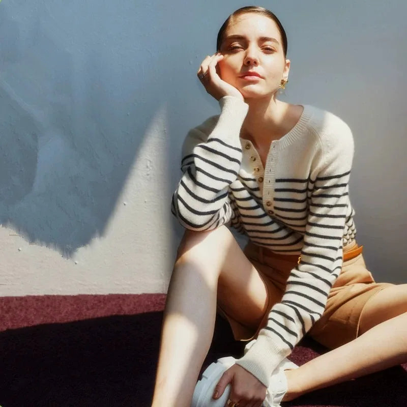 French Striped Cashmere Crew Neck Sweater
