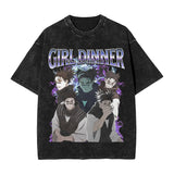 Anime Girl Dinner Print Washed T-Shirt