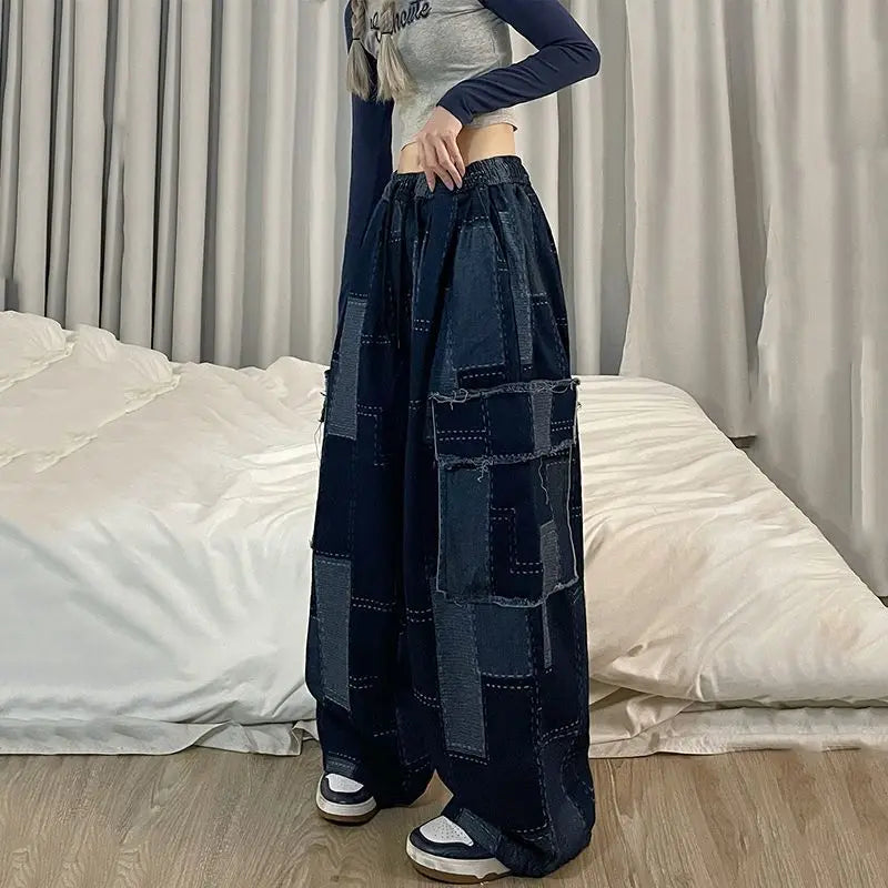 Y2K 데님 빈티지 패치워크 배기 팬츠