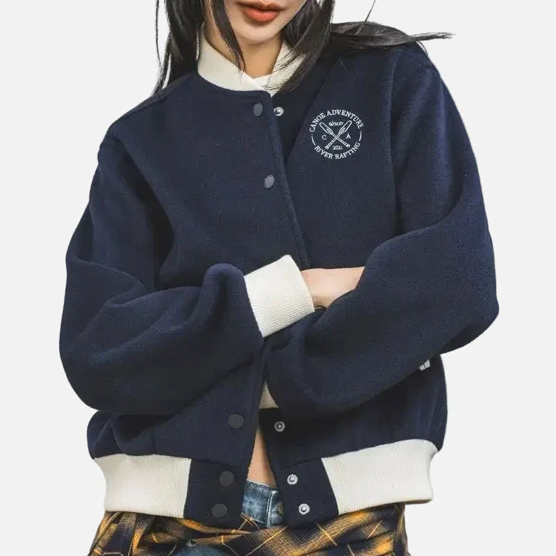 Women Color Blocking Embroidered Baseball Jacket