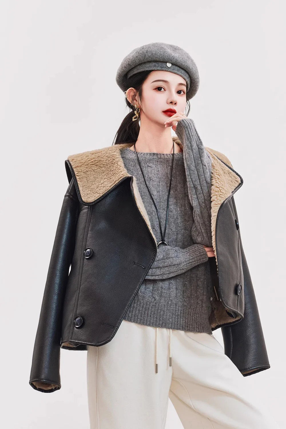 Women Warm Shearling Double Breasted Aviator Leather Jacket