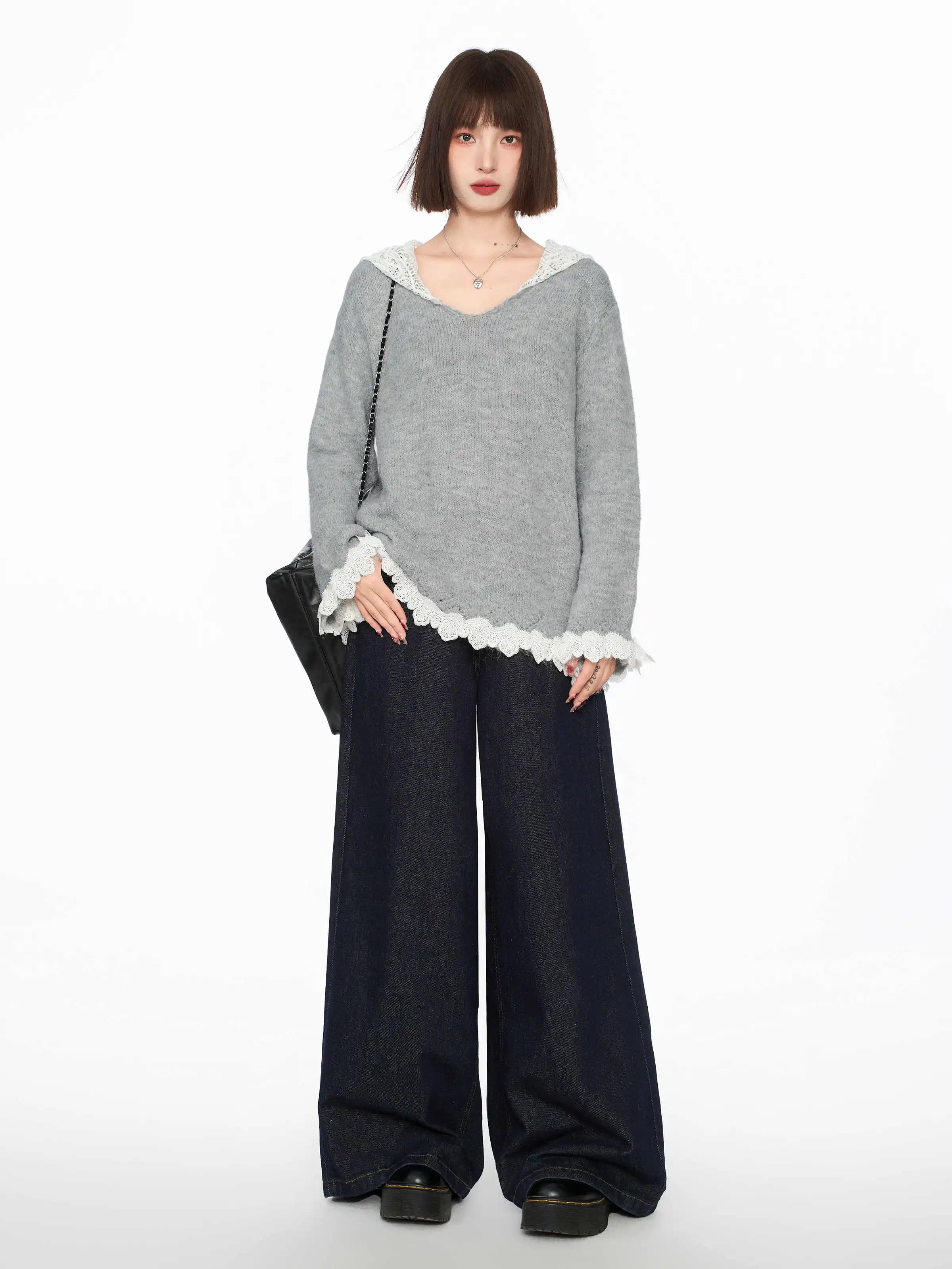 Back to Basics Cozy Lace V Neck Hodded Sweater