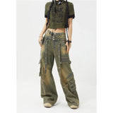 Jeans droits vintage taille haute ceinturés streetwear Y2K