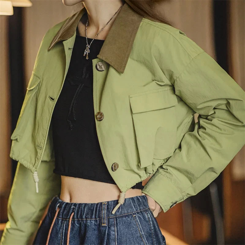 Women Vintage Green Corduroy Patchwork Jacket