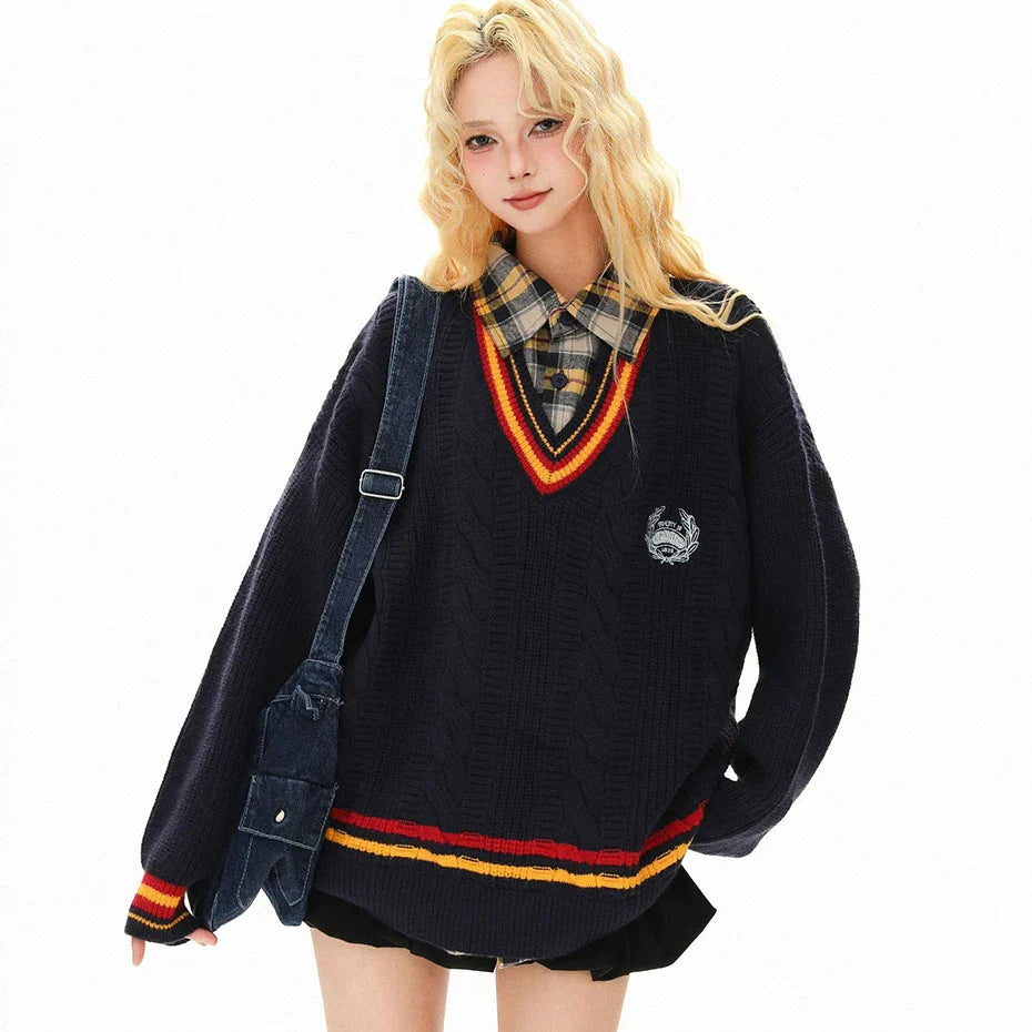 Pull universitaire oversize patchwork à double épaisseur en maille