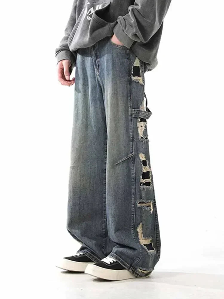 Jean en denim vintage à jambes larges et coupe usée