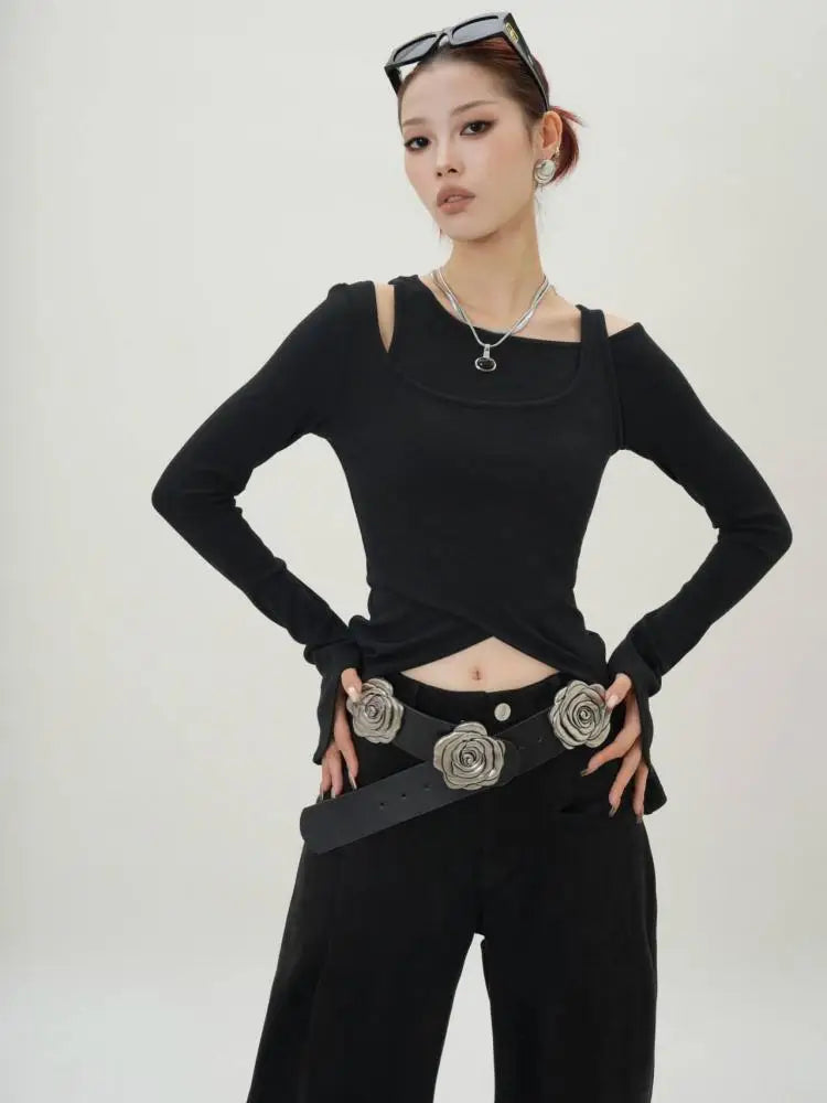 Black Irregular Slim Long Sleeve T-Shirt