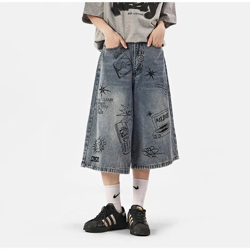 Cool Streetwear Graffiti Printed Loose Wide Leg Jorts
