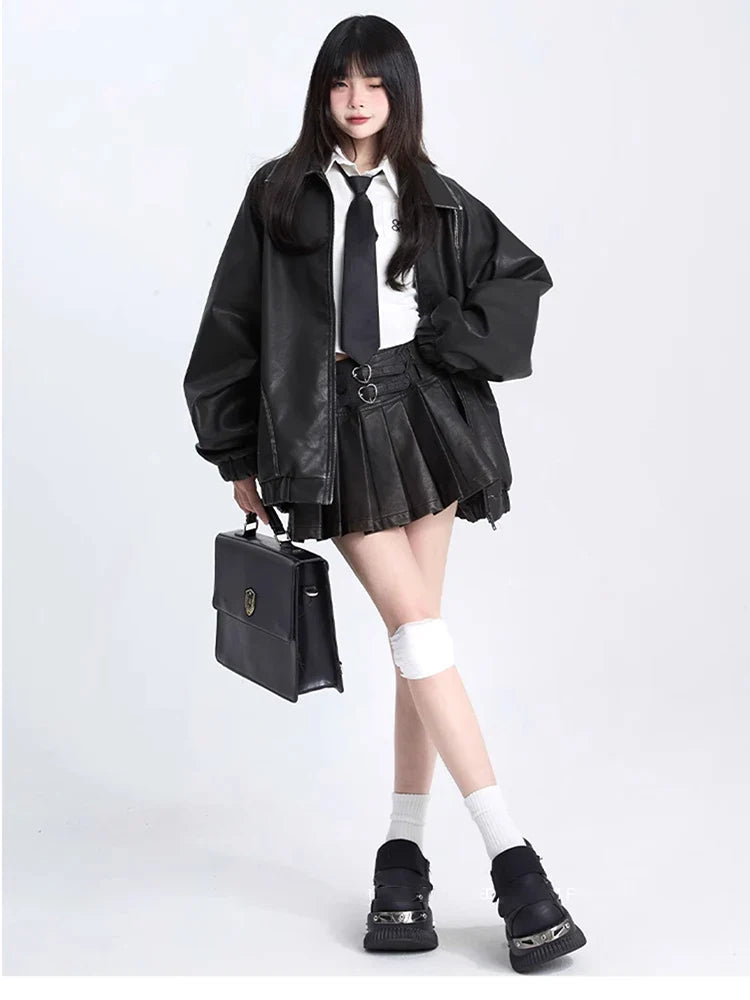 Retro Oversized Used-Look Kunstlederjacke
