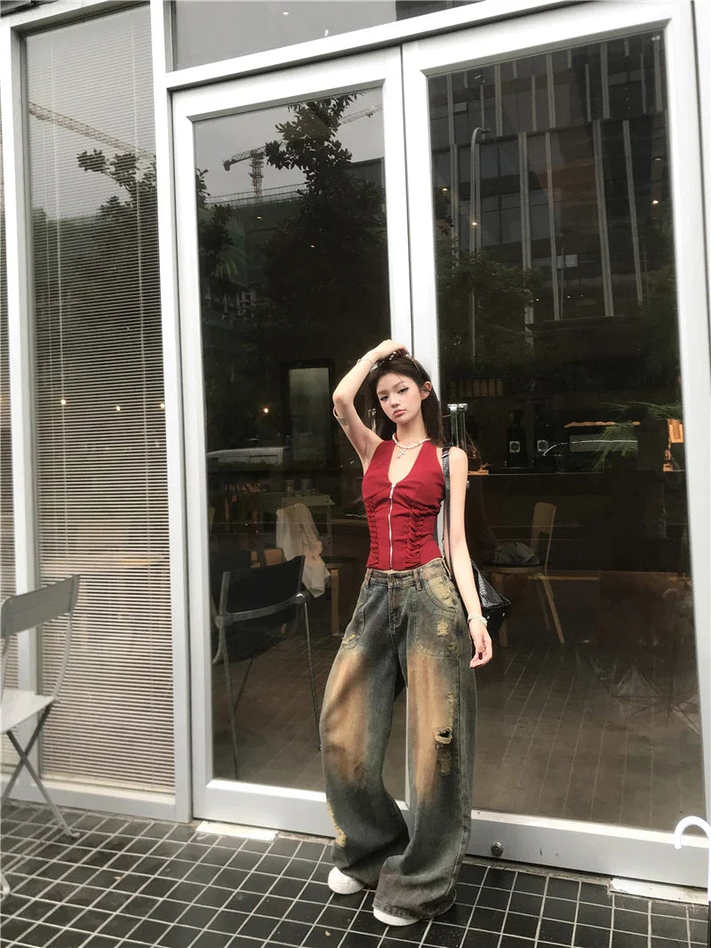 Vintage Heavyweight Distressed Wide Leg Jeans