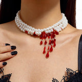 Blood Pattern Imitation Pearl Tassel Necklace