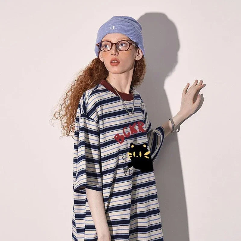 Women Retro Hip Hop Stylish Black Cat Print Striped T-Shirt