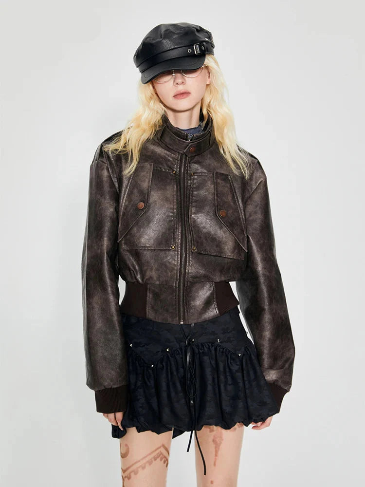 Attraktive, braune PU-Lederjacke im Used-Look