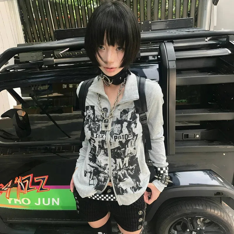 Grunge Y2K Graffiti Zipper Women's Top