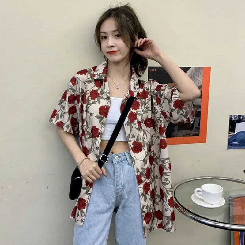 Chemise à manches courtes à imprimé rose vintage style coréen pour femme