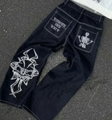 Y2K Embroidered Wide-Leg Jeans