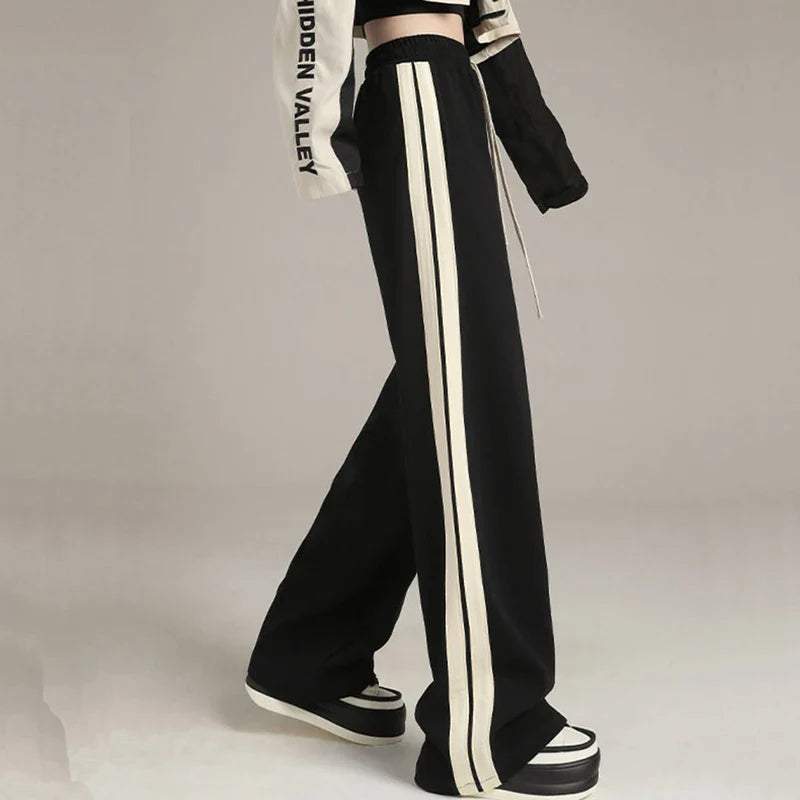Women Cute Striped High Waist Wide Leg Sweatpants