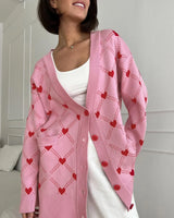 Damen-Strickjacke mit süßem rosa Herzchenmuster, Oversize-Größe