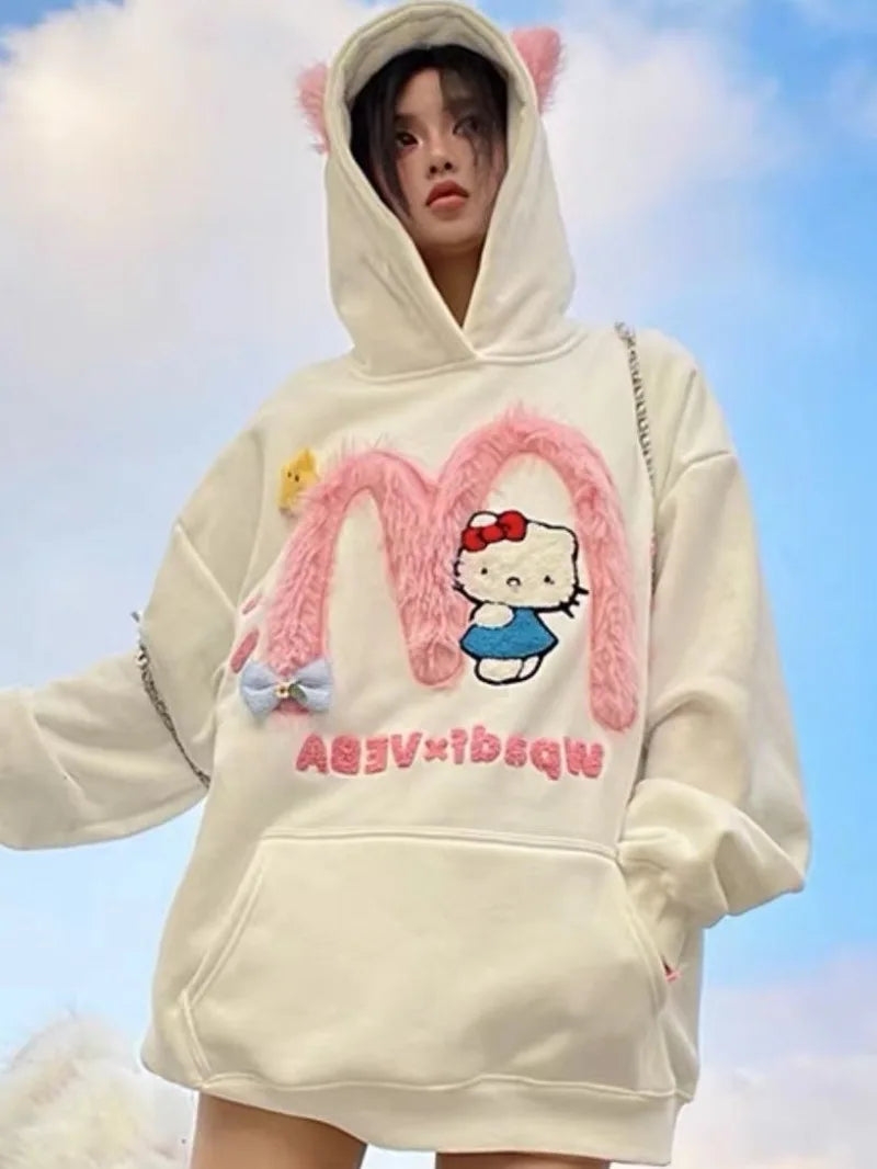 Embroidered Hello Kitty Plush Loose Hoodie