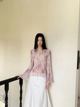 Chemisier rose tie-dye à manches longues plissé évasées pour femme